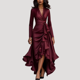 Anneliese | Damen Wickelkleid Langarm Volant Maxikleid – Weinrot