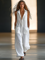 Annerose | Damen Ärmellos Weites Bein Jumpsuit – Weiß