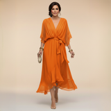 Annika | Damen V-Ausschnitt Wickelkleid Midi – Orange