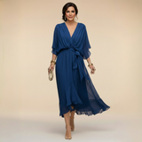 Annika | Damen V-Ausschnitt Wickelkleid Midi – Blau