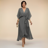 Annika | Damen V-Ausschnitt Wickelkleid Midi – Grau