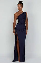 Jaida - Damen Abendkleid mit asymmetrischem Schnitt und Schlitz – Marineblau