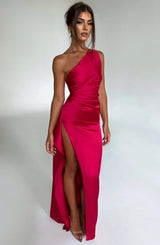 Jaida - Damen Abendkleid mit asymmetrischem Schnitt und Schlitz – Rot