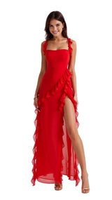 Ärmelloses Maxikleid für Damen mit Rüschenbesatz – Rot
