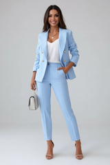 Astrid | Damen Doppelreihiger Blazer Hosenanzug Set – Hellblau