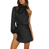 Asymmetrisches Satin-Minikleid für Damen – Schwarz