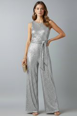 Auriane | Damen Pailletten Ärmellos Jumpsuit – Silber
