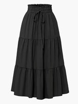 Damenrock mit Smockbund Eleganter Alltagsstil Midi Volantrock – Schwarz