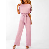 Quirina | Damen Wide Leg Jumpsuit Gürtel Kurzarm – Overall Weites Bein 2026 – Rosa