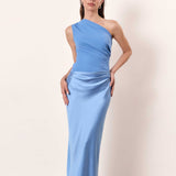 Gerda | Damen Ein-Schulter Maxikleid Falten – One-Shoulder Maxi Plissee 2026 – Blau