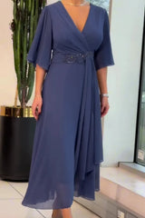 Bhagya - Elegantes langes Chiffon Kleid Mit V-Ausschnitt – Blau