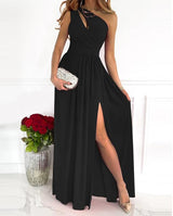 One‑Shoulder Abendkleid Maxi mit Schlitz - Satin‑Look Eleganz – Schwarz