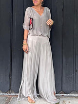 Saila | Damen Maxikleid V-Ausschnitt Fledermausärmel Unifarbe – Grau