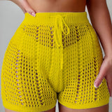 Ajour Kurze Hose mit hoher Taille für Damen, schicke und lässige Strandmode für Urlaub und Freizeit – Gelb