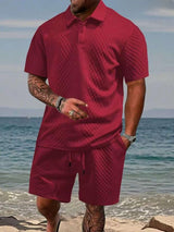 Niall - Strukturiertes Set aus Poloshirt und Shorts – Rot