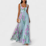 Faltenmaxikleid aus Chiffon mit Blumenmuster – Blau