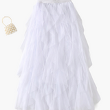 Damenrock Elegante Mehrlagige Volant Romantisches Festkleid – Weiß