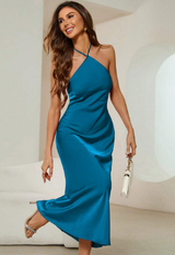 Gabriela - Asymmetrisches Midikleid mit Neckholderausschnitt – Blau