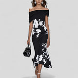 ISABRUNEL - Off-Shoulder Floral Midi Kleid mit Rüschensaum – Schwarz