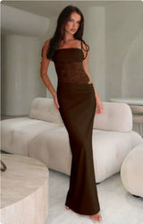 Damen Maxikleid | lange Silhouette mit Oberteil und Einsatz – Braun