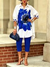 Damen Zweiteiliges Set mit Floralprint – Eleganter Moderner Stil – Blau