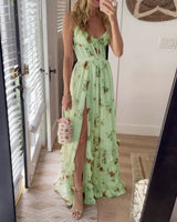 Flaura – Maxikleid mit floralem Rüschenschlitz – Grün