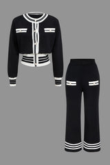 Ariella | Stilvolles Strick-Zweiteiler-Set mit Cropped-Cardigan & Weitbein-Hose – Schwarz