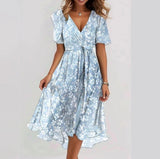 Laika - Geblümtes Midi-Sommerkleid aus Chiffon – Aquamarinblau