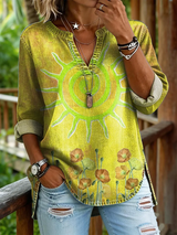 Xina - Bedruckte Bluse mit V-Ausschnitt – Gelb