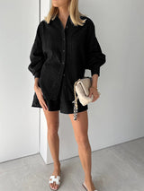 Leichter Zweiteiler aus Baumwollmix – Oversize Bluse & Shorts für Damen – Schwarz
