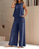 Damen Ärmelloses Freizeit Zweiteiler Set | Weite Hose – Marineblau