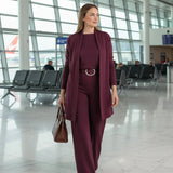 Schickes 3-teiliges Ensemble: Langer Cardigan, Top und Hose – Bordeaux