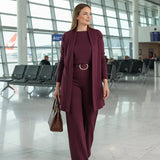 Zivara - Elegantes 3-Teiliges Set Mit Langem Cardigan Oberteil Und Hose – Burgund