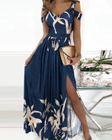 Amanda - Maxikleid mit Blumenfalten – Marineblau