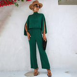 Shelly – Eleganter Jumpsuit mit hohem Halsausschnitt und weitem Bein – Grün