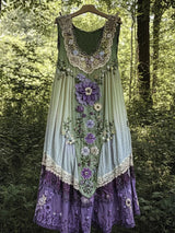 Evabella – Flickwerk-Kunst-Leinen-Tank Kleid – Grün