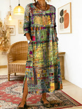 Manuela | Denim-Kleid mit ethnischem Patchwork – Gelb