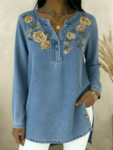 Seyla - Florales Denim-Hemd mit Kragen – Blau