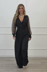 Meira - Overall Mit Langen Ärmeln Und Verzierungen Aus Mesh – Schwarz