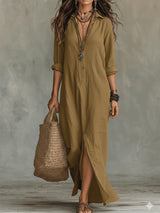 Dena - Premium-Leinen-Maxikleid – Khaki