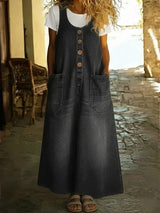 Yveta – Lässiges ärmelloses Kleid aus Baumwoll Denim – Schwarz