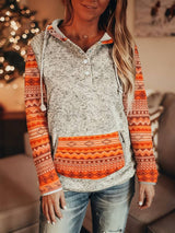 Galia - Vintage Langarm Kapuzen Pullover Mit Knöpfen – Grau-Orange