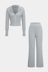 Selina | Kuscheliges Strick-Zweiteiler-Set mit Hoodie & Weitbein-Hose – Hellgrau