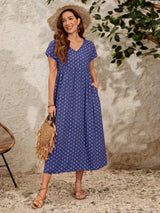 Aganietta - Neues Vintage-Kleid mit V-Ausschnitt aus Leinen und Baumwolle – Blau