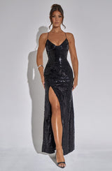 Damen-Abendkleid mit Pailletten und Schlitz | schmale Träger – Schwarz