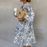 Benedikta | Damen Boho Langarm Mini Kleid mit Muster – Blau