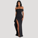 Benedikta | Damen Off Shoulder Elegantes Maxikleid – Schwarz