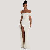 Benedikta | Damen Off Shoulder Elegantes Maxikleid – Weiß
