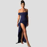 Benedikta | Damen Off Shoulder Elegantes Maxikleid – Marineblau