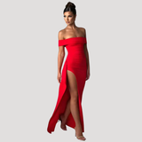 Benedikta | Damen Off Shoulder Elegantes Maxikleid – Rot